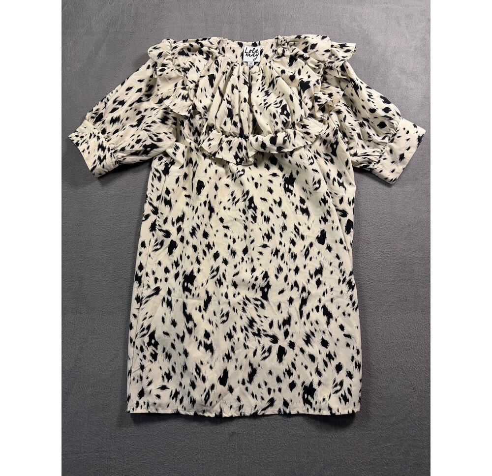 Lola‎ May Womens 10 Cream Black Animal Print Ruffle Neck Shift Tunic Mini Dress